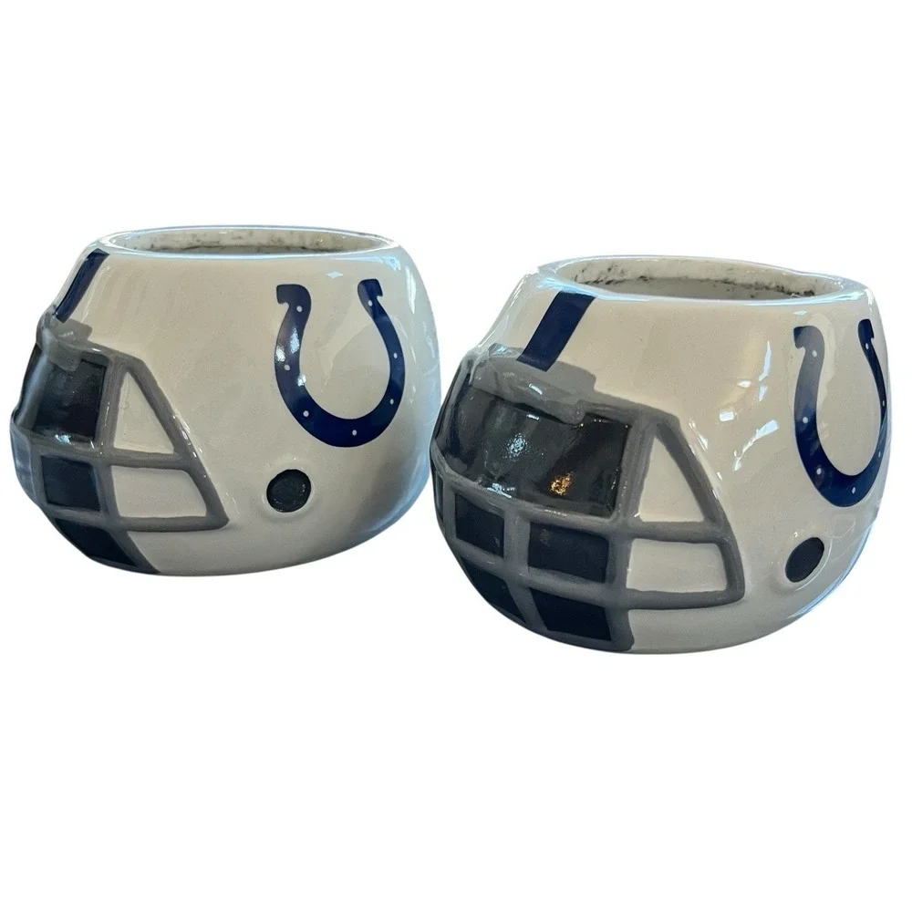Set Of 2 Indianapolis Colts NFL Ceramic Helmet Planter Candy Bowl White Football